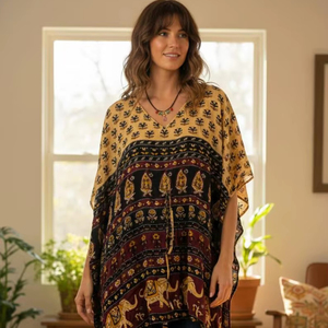 ชุดเดรสผ้าฝ้ายทำมือแบบสั้น |   ชุดคาฟทันสไตล์โบฮีเมียนสำหรับผู้หญิง |   ชุดคลุมชายหาดลายพิมพ์อินเดีย |   เสื้อคลุมฤดูร้อนทรงหลวม - Product Image 1