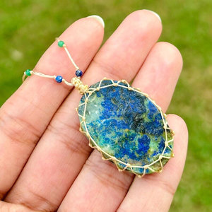 Handcrafted Macrame Azurite Malachite Necklace Blue Green Stone Pendant <b>Beaded</b> Boho Jewelry for Women - Product Image 4