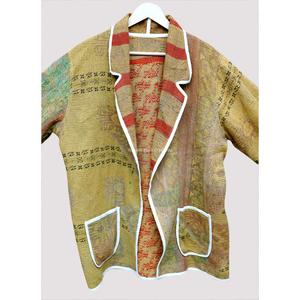 Chaqueta de invierno reversible acolchada con costuras Kantha indias, cuello mandarín, 100% algodón, larga, con forro de algodón. - Product Image 2
