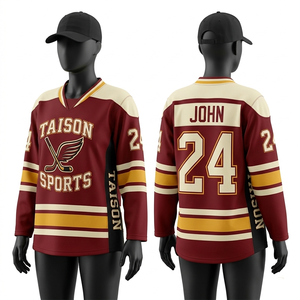 Maillot de hockey sur glace pour femmes de qualité supérieure, en maille polyester GSM, bordeaux et bleu marine, avec empiècements aux épaules, logo brodé personnalisé. - Product Image 3