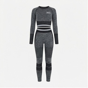 North Approach 2 Piece Yoga Set Full Length Crew Neck Ribbed Solid Gray Sportswear Women's Gym Wear - Product Image 1