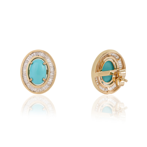 Nouvelles boucles d'oreilles clous haut de gamme en or jaune 14 carats avec turquoise et halo de diamants, design personnalisé, fabrication artisanale, fabricant de bijoux en gros - Product Image 5