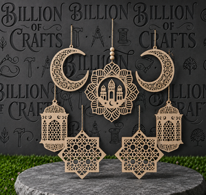 Ensemble de lanternes suspendues en bois pour l'Aïd et le Ramadan, décoration murale en forme de lune, d'étoile et de mosquée, décoration de la maison - Product Image 1