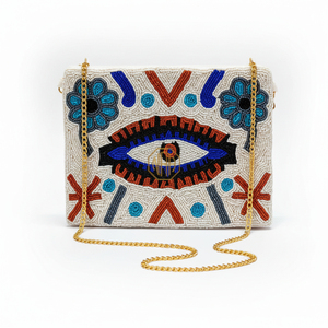 Floral Beaded Clutch Bag <b>Cream</b> Embroidered with Red Yellow Striped Design Evening <b>Handbag</b> Boutique Fashion Wholesale - Product Image 6