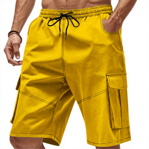 Shorts pour hommes, couleur unie, taille mi-haute, cordon de serrage, élastique, séchage rapide, décontractés, style Bermuda, avec plusieurs poches - Product Image 4