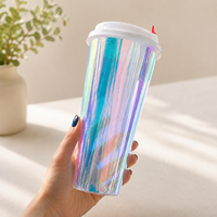 Gobelets à thé au lait en PP moulés par injection, film métallique arc-en-ciel de 90 mm, 500 ml/700 ml, gobelets jetables pour boissons avec couvercles en plastique