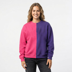 Sweat-shirt à col rond ODM bicolore vert et rose, avec épaules tombantes et poches, en polaire décontracté - Product Image 3