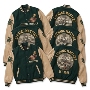เสื้อแจ็คเก็ต Letterman แบบขายส่ง สีดำ ทำจากผ้าขนสัตว์ แต่งกระดิ่งปักลายวงล้อ แขนหนังสีแทนเหลือง สไตล์ Bomber - Product Image 3
