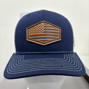 <b>Navy</b> Blue 6-Panel Trucker <b>Hat</b> With Brown Leather American Flag Patch Adjustable Unisex Casual Gorras Trucker Caps in Vietnam - Product Image 1