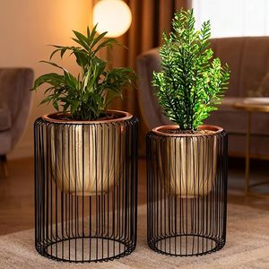 Modern Metal <b>Flower</b> Pots With Black <b>Wire</b> Cage Design For Indoor Plants Minimalist Style Gold Finish Planter Set - Product Image 1