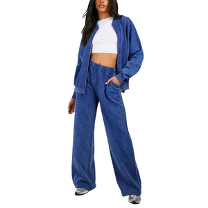 Conjunto Deportivo Azul para Mujer, Manga Larga, Diseño Sólido, Sudadera Casual con Cierre Frontal y Pantalones con Bolsillos Laterales - Product Image 1