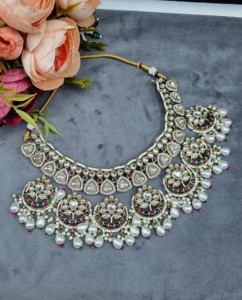 Elegante gargantilla con motivo Chandbali, pendientes y mangtika para mujer, conjunto de joyería tradicional étnica para recepciones, fabricante. - Product Image 3