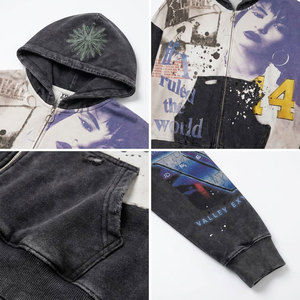 Sweat à capuche zippé oversize unisexe, style streetwear, imprimé, en molleton, pour l'automne, coupe classique - Product Image 6