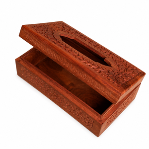 Boîte à mouchoirs en bois classique artisanale avec décorations florales sculptées, porte-mouchoirs décoratif du Rajasthan - Product Image 3