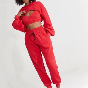 Women Red Hooded Tracksuit Set Full Sleeve <b>Crop</b> Top With Drawstring Joggers Casual Loose Fit Solid Color Winter wear - Product Image 5