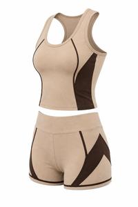 Conjunto de yoga de 2 piezas para mujer, talla grande, top corto sin mangas con cuello redondo y espalda cruzada, shorts de cintura alta con ribete en contraste, sin costuras, de spandex. - Product Image 2