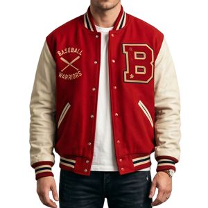 Embroidery Classic Baseball Red Cream Letterman Jacket Breathable Windproof Bomber Coat Premium Wool Jackets - Product Image 1