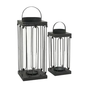 Square Metal Lantern Candle Holder Set <b>Black</b> <b>Outdoor</b> Indoor Home Decoration 24 and 19 Inch - Product Image 3