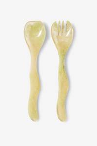 Contemporary Resin Handle Tablespoon Metal Golden <b>Salad</b> <b>Servers</b> with Pink Marble Handles and Green Stone Accents Set of 3 - Product Image 3