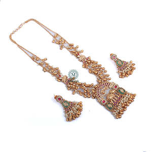 Gamini Antique Gold Plated Zircon Beaded Long Necklace & Earring Set for Festival Bridal - Product Image 4