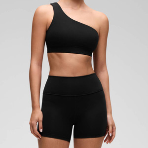 Breathable Summer Fashion Women Halter Neck Short <b>Top</b> 180gsm Black Print 100% Polyester <b>One</b> Shoulder Sports Bra Front Logo - Product Image 3