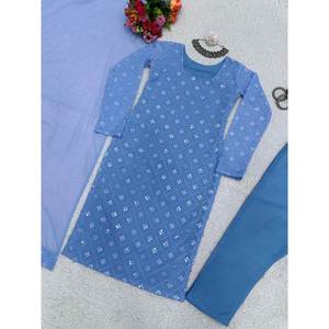 ด้ายทำงานด้านบนด้านล่างลำดับ Georgette แฟนซีพร้อมสีฟ้าน้ำทะเล dupatta - Product Image 6