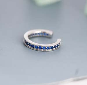 Manchette d'oreille en argent sterling avec zircon cubique bleu saphir, boucles d'oreilles minimalistes sans perçage, argentées ou dorées - Product Image 2