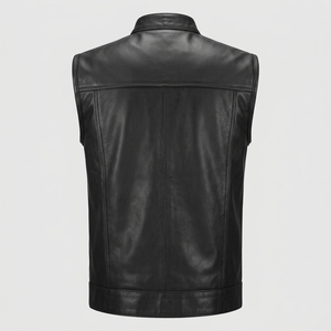 Chaleco de cuero genuino negro premium para hombre, chaleco de motociclista sin mangas con bolsillos con cremallera y cuello alto - Product Image 6