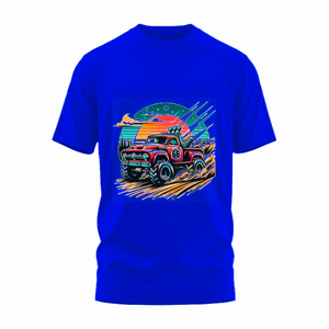 T-shirt bleu à manches courtes pour homme, col rond, coupe classique, imprimé rétro camion, décontracté, en jersey de coton - Product Image 3