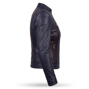 <b>Womens</b> Dark Purple Two Tone Genuine Leather <b>Jacket</b> Asymmetrical Zip Stand Collar Padded Elbow Motorcycle Biker Coat - Product Image 3