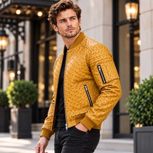 เสื้อแจ็คเก็ตบอมเบอร์หนังสำหรับผู้ชาย สีเหลืองมัสตาร์ด แต่งลายปัก – เสื้อแจ็คเก็ตลำลองสไตล์ไบค์เกอร์ พร้อมปกเสื้อแบบบอมเบอร์และกระเป๋าซิป - Product Image 5