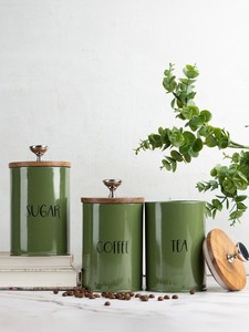 Green Metal Tea Coffee Sugar <b>Canister</b> <b>Set</b> with Wooden Lids | Kitchen Storage Containers Wholesale - Product Image 4