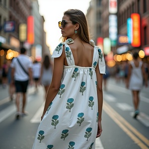 Adya International Casual Summer Maxi Dress Robe sans manches Décolleté carré Bretelles à nouer Bleu Vert Floral Block Print - Product Image 1