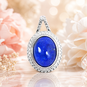 Pendentif goutte d'eau ovale en lapis-lazuli plaqué rhodium en argent sterling 925 de luxe avec bordure tribale gravée - Product Image 3