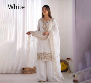 Conjunto de Kurta y Palazzo de Seda Blanca para Mujer PinkCityBlocks, Corte Regular, Largo Midi, Sin Arrugas, para Invierno y Verano, Formal, para Bodas y Diwali - Product Image 1