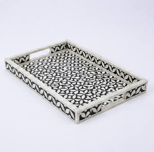 Black White Floral Horn Inlay <b>Decorative</b> Tray Solid Wood Base Handmade Serving Coffee Table <b>Home</b> <b>Decor</b> Wholesale - Product Image 5