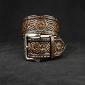 Latest Design Hand Carved Embossed Unisex Top Grain Western Leather <b>Tooling</b> <b>Belt</b> with Stylish Nickel Brass Pin Buckle - Product Image 4