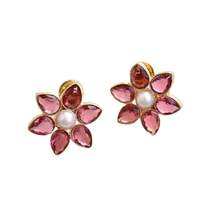 Small Stud Earrings Ruby Shade Crystal Earring Studs 18k Gold Plated Dainty Lightweight Jewelry Wholesale Suppliers Gold Plated