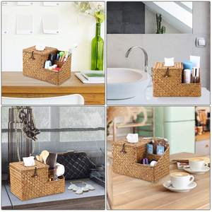 High Quality Seagrass Tissue Box Holder with Side Organizer Vintage Style <b>Square</b> Shape for Tableware Bathroom Home Office - Product Image 5