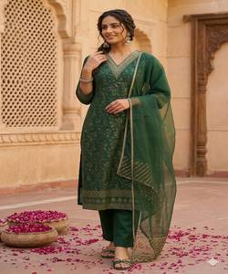 Conjunto de Top y Pantalón con Tejido Jacquard de Lujo y Dupatta, Ropa Festiva, Precio al por Mayor, Prenda Étnica, Multicolor, Algodón de Secado Rápido - Product Image 2