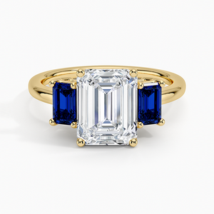 Anillo de Compromiso de Tres Piedras con Diamante Cultivado en Laboratorio con Corte Esmeralda, Oro Amarillo de 14K, Piedra Lateral de Zafiro, Certificado GRA, Anillo de Novia para Fiesta - Product Image 1
