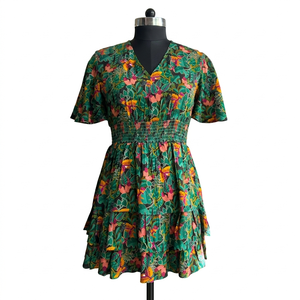 Vestido Mini de Verano para Mujer, Estampado Floral, Cuello en V, Cintura Elástica, Estilo Falda con Doble Volante, Casual, para la Noche y Uso Diario - Product Image 1