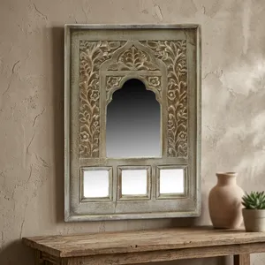 Wooden Arch Jharokha <b>Mirror</b> <b>Wall</b> Decor Hand Carved Floral Frame <b>Hanging</b> for Living Room Bedroom Dining Entryway Farmhouse Home - Product Image 3
