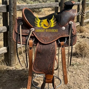 Silla de montar western Big Horn de cuero genuino negro, hecha a mano, con diseño de tachuelas de cobre, portátil para equitación y doma. - Product Image 1