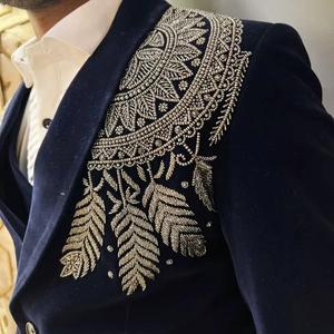 Luxury Men Blazer <b>Jacket</b> Cotton Metallic Bugle Bead Vinework Trending Embroidery Black Fabric Rectangular Shape Party Outerwear - Product Image 5