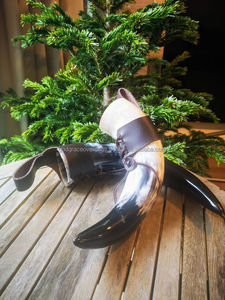 Authentic Handmade Eco-Friendly Viking Horn Mug with Natural Polished Finish and Norse Symbol Engraving for Christmas Gifting - Product Image 3