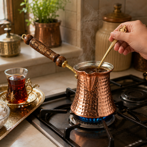 Cafetière turque en cuivre faite à la main, Cezve Ibrik avec poignée en bois, design traditionnel, forme ronde, pour la préparation du café et du thé - Product Image 3