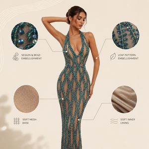 Robe de sirène luxueuse en perles turquoise |   Robe de soirée à col halter en V profond |   Robe moulante en cristal de créateur, faite à la main, écologique, pour soirée - Product Image 6