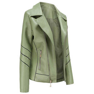 Chaqueta de Motociclista de Cuero Sintético Verde para Mujer, Manga Larga, Cierre de Cremallera, Cuello Camisero, Color Sólido, para Otoño - Product Image 3
