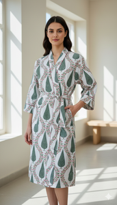 Handmade Cotton Block Print <b>Bathrobe</b> Women Floral Leaf Design Spa Robe Breathable Morning Gown Comfortable Long Dressing Gown - Product Image 2